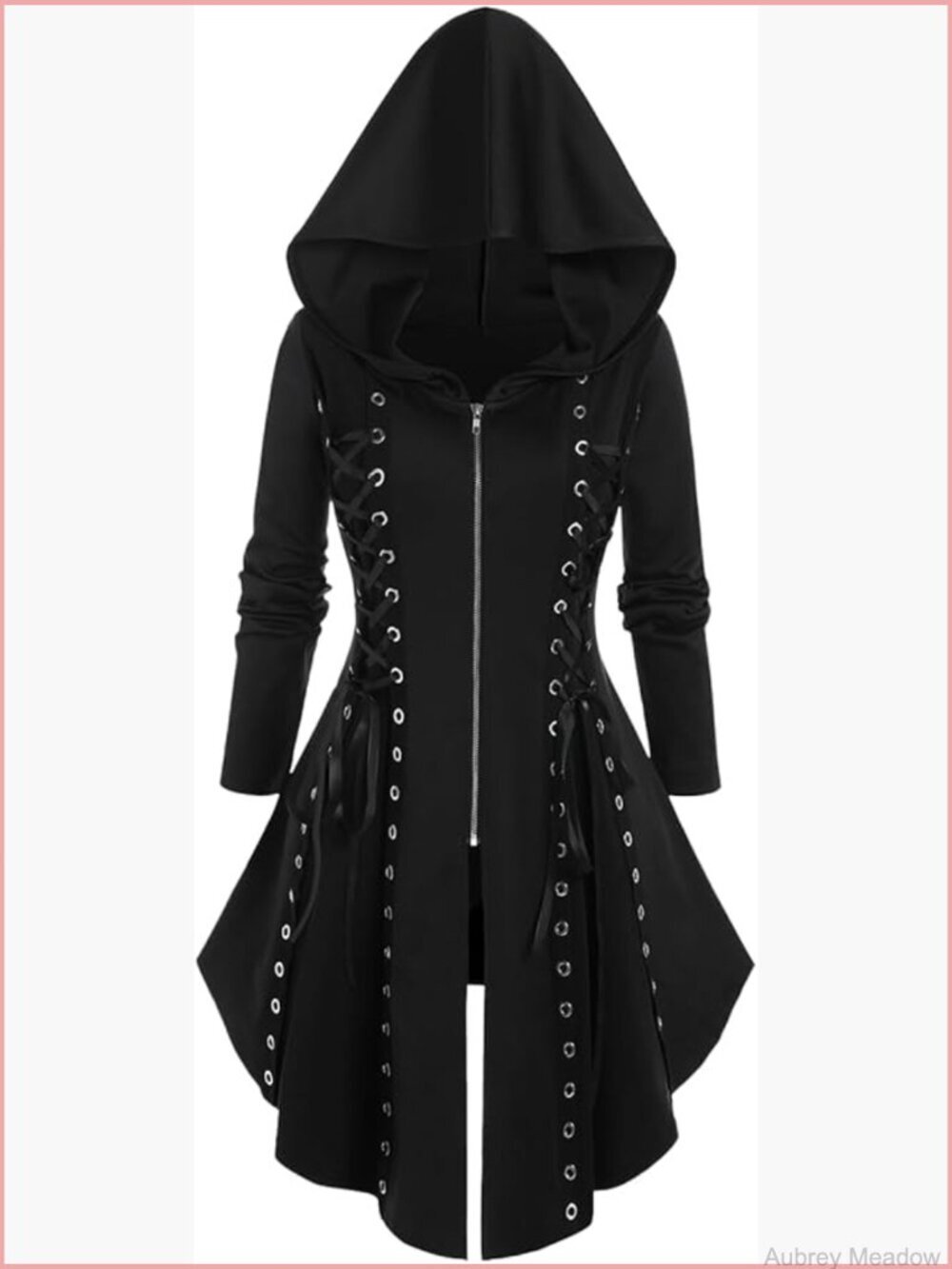 Plus Size Hooded Zip Front Lace-Up Gothic Asymmetrical Hem Top